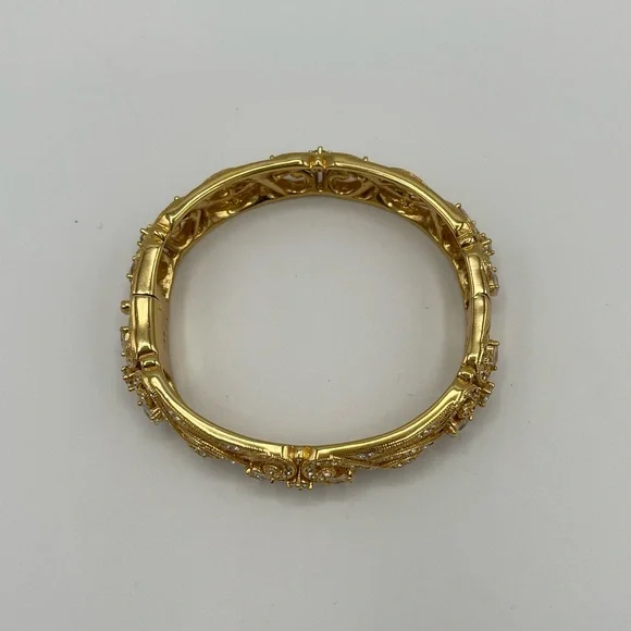Authentic Nadri Gold-Tone Ornate Pave Crystal Filigree Hinged Cuff Bangle - Picture 5 of 8